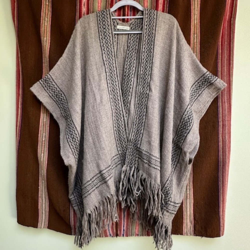 ULLA JOHNSON BABY ALPACA GRAY, TAN AND BLACK PONCHO OS